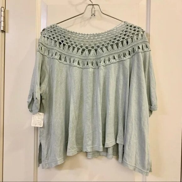 Free People Pale Baby Blue Colette Crochet Macrame Neckline Tee - Picture 3 of 4